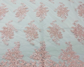Pink Floral Embroidered Lace Fabric: Scalloped Edge Mesh, Bridal Gown