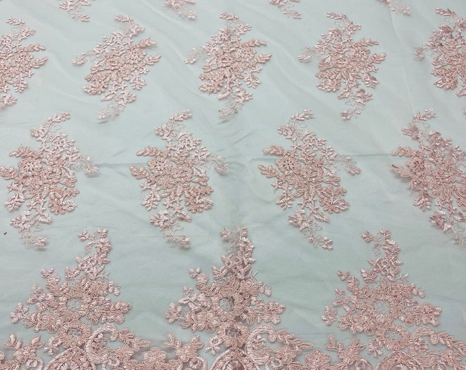 Pink Floral Lace Fabric, Embroidery on a Mesh Lace Fabric By The Yard For Gown, Wedding-Bridal-Dress
