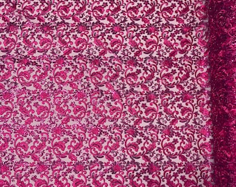 Metallic Fuchsia Floral Lace Fabric By The Yard, Embroidery With Sequins on a Mesh Lace Fabric, Corded sequins Lace