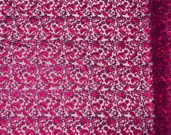 Metallic Fuchsia Floral Lace Fabric By The Yard, Embroidery With Sequins on a Mesh Lace Fabric, Corded sequins Lace