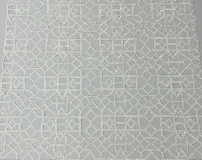 White Sequin 4 Way Stretch Geometric Elena Design Embroidered Shiny Sequins Fabric for Prom Gala Gown Sold By Yard
