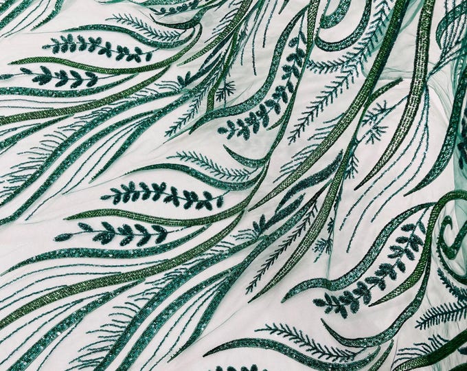 Hunter Green Beaded Lace Fabric: Embroidered Floral Mesh, Bridal Gown Material