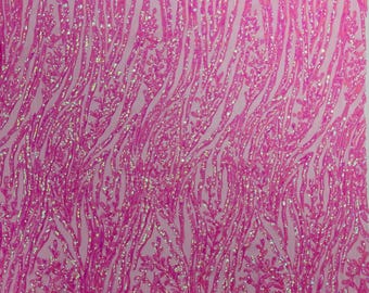 Candy Pink Damask Sequin Fabric - Iridescent 4 Way Stretch