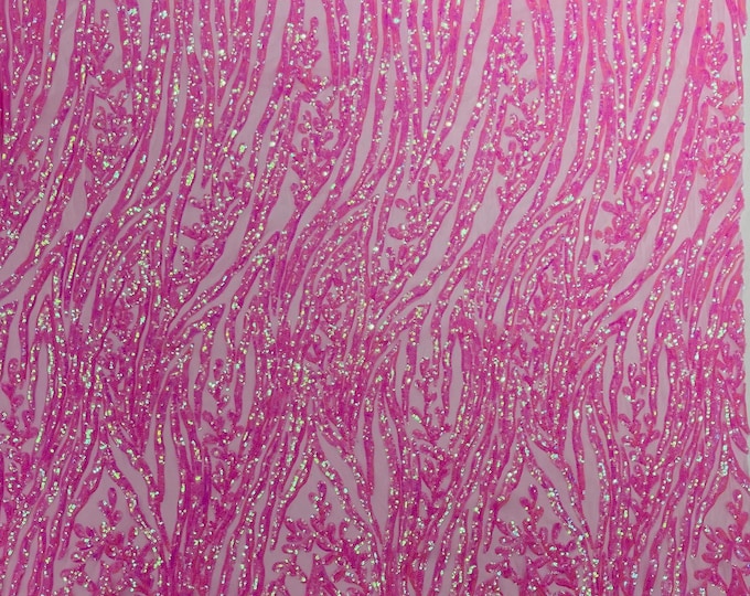 Candy Pink Iridescent Sequin Fabric 4 Way Stretch Fashion Design Sequins on Spandex Mesh Prom Gala Gown Fabric By The Yard