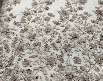 Dusty Rose 3D Floral Embroidered Lace with Pearls - By The Yard