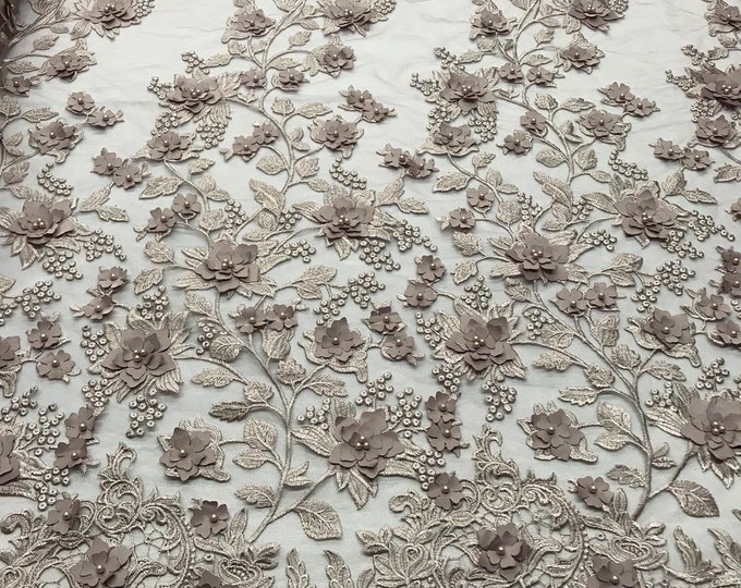Dusty Rose 3D Floral Design Embroider and Beaded With Pearls On a Mesh Lace-Prom-Dresses-Nightgown-Apparel-Fashion By The Yard