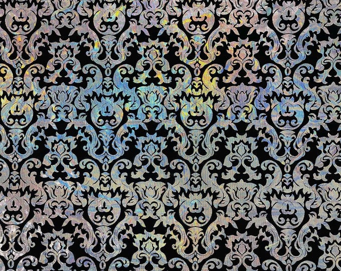 Black Silver Metallic Holographic Damask Design With Holographic Print Poly Spandex Fabric 4 way stretch 60” Wide Sold By The Yard