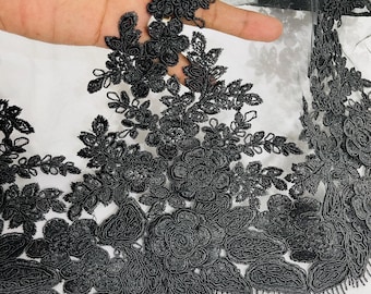Black 3D Flower Embroidery Lace Fabric, Corded Mesh, Bridal Wedding