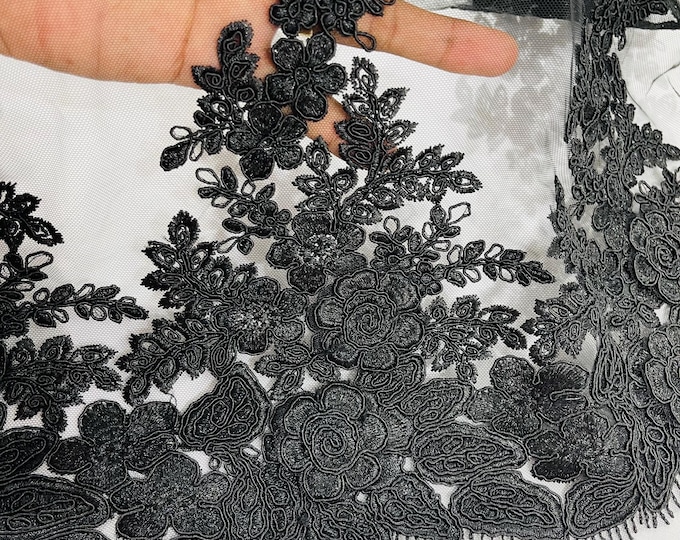 Black 3D Flower Embroidery Lace Fabric By The Yard, Corded 3D Flower Embroidery Lace Fabric on a Mesh Lace Fabric For Wedding-Bridal