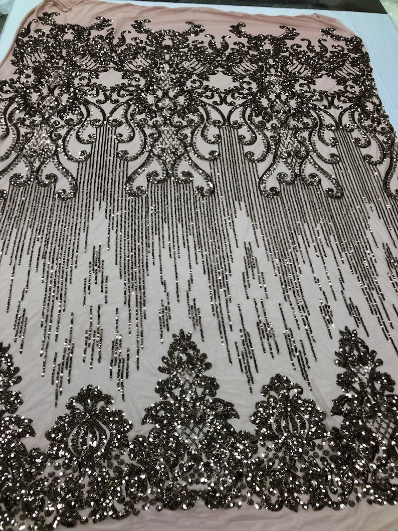 Dusty Rose Sequins Lace Fabric On Mesh Damask Design Embroidered On 4 way Stretch Sequin By The Yard Choose The Size Prom-Gown