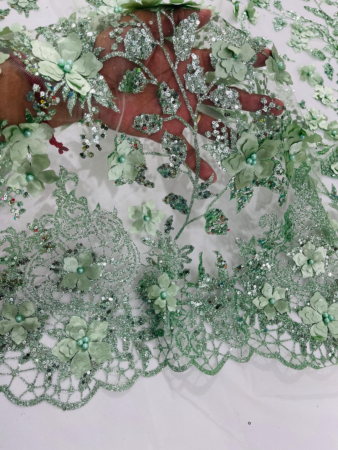 Sage 3D Floral Sequin Fabric: Glitter Tulle Lace for Wedding Dress - Etsy