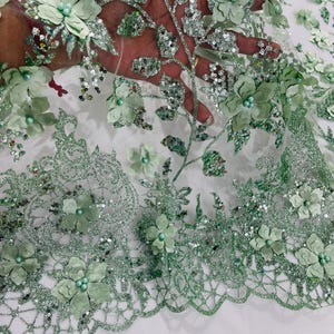 Sage 3D Floral Sequin Fabric: Glitter Tulle Lace for Wedding Dress