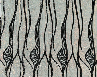 Iridescent Black Sequins Fabric: Two-Tone Damask Design, 4-Way Stretch by the yard