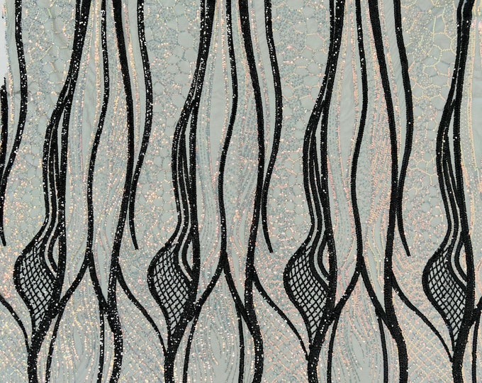 Iridescent Clear/Black Sequins Fabric by the yard (Pick a Size) Tow Tone 4 Way Stretch Damask Design Sequin Fabric