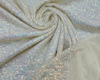 Clear Iridescent/Ivory Mesh - Mille Striped Stretch Sequins Lace Spandex Mesh-Prom-Gown By Yard, Formal Wedding Couture Fabric Sequin Fabric