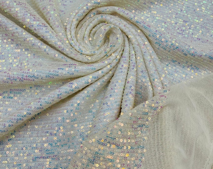 Clear Iridescent/Ivory Mesh - Mille Striped Stretch Sequins Lace Spandex Mesh-Prom-Gown By Yard, Formal Wedding Couture Fabric Sequin Fabric