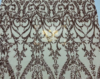 Rose Gold Sequin Lace Fabric: Embroidered Damask Design, 4-Way Stretch