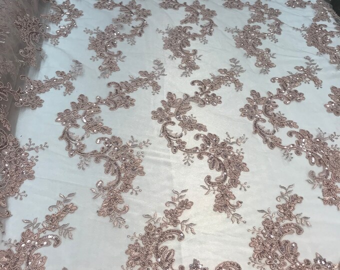 Blush Floral Lace Fabric, Embroidery With Sequins on a Mesh Lace Fabric By The Yard For Gown, Wedding-Bridal