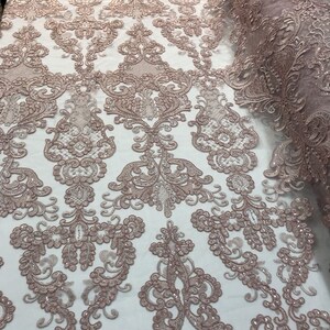 Dusty Rose Fabric, Corded Flower Embroidery With Sequins on a Mesh Lace Fabric By The Yard For Gown, Wedding-Bridal-Dress image 3