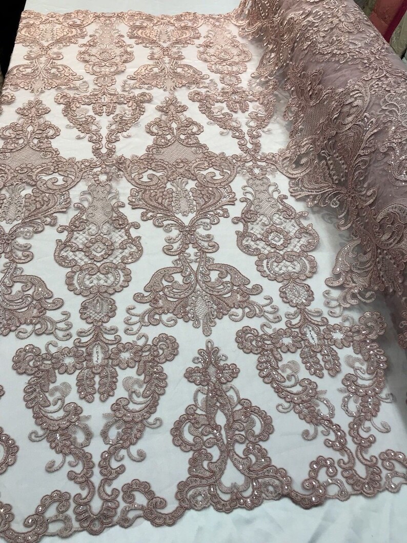 Dusty Rose Fabric, Corded Flower Embroidery With Sequins on a Mesh Lace Fabric By The Yard For Gown, Wedding-Bridal-Dress image 3