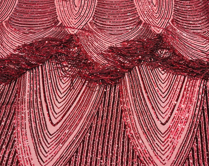 Burgundy Fringe Sequins on Power Mesh, Fringe Design Embroidered on 4 Way Stretch Fancy Sequin ( Choose The Size )