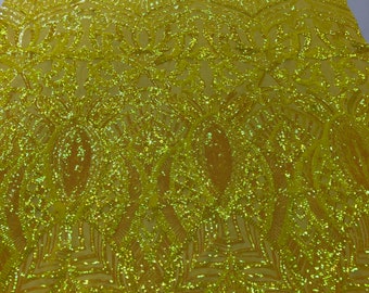 Iridescent Yellow Sequin Lace Fabric, Royalty Embroidered Mesh, Prom Gown Fabric