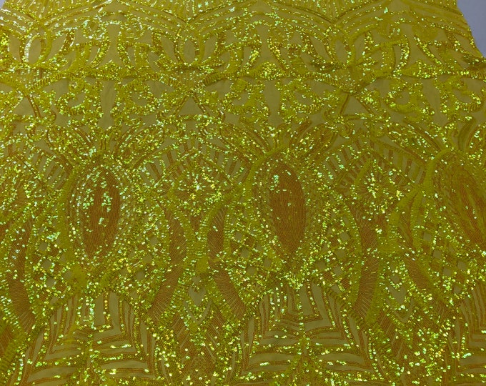 Iridescent Yellow Sequins Lace Fabric On a Mesh, Royalty Design Embroidered On 4way Stretch Sequin By Yard -Prom-Gown ( Choose The Size )