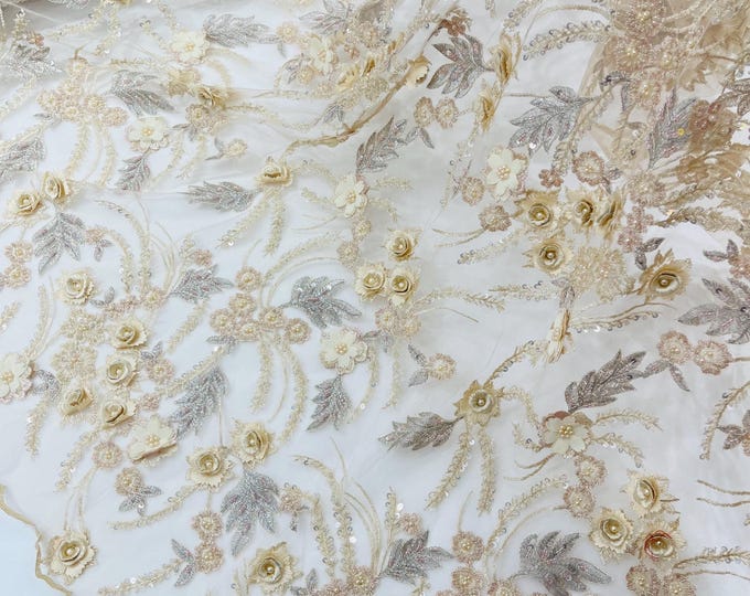 Champagne 3D Floral Beaded Lace Fabric: Beaded Sequins on a Mesh, Apparel-Prom - By The Yard