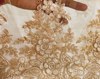 Champagne 3D Flower Embroidery Lace Fabric By The Yard, Corded 3D Flower Embroidery Lace Fabric on a Mesh Lace Fabric For Wedding-Bridal
