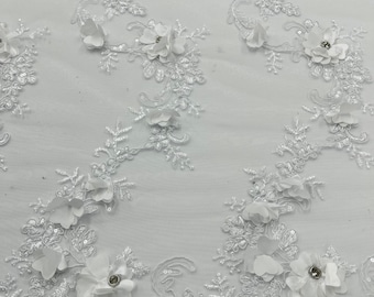 White 3D Flower Lace Fabric: Embroidered Rhinestone Bridal Wedding Lace by the yard