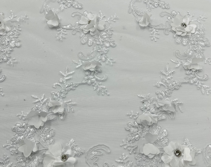 White 3D Floral-Flower Lace Fabric | by the yard | Embroidered With Sequins & Rhinestone 3D Flower| Lace Floral | Bridal Wedding