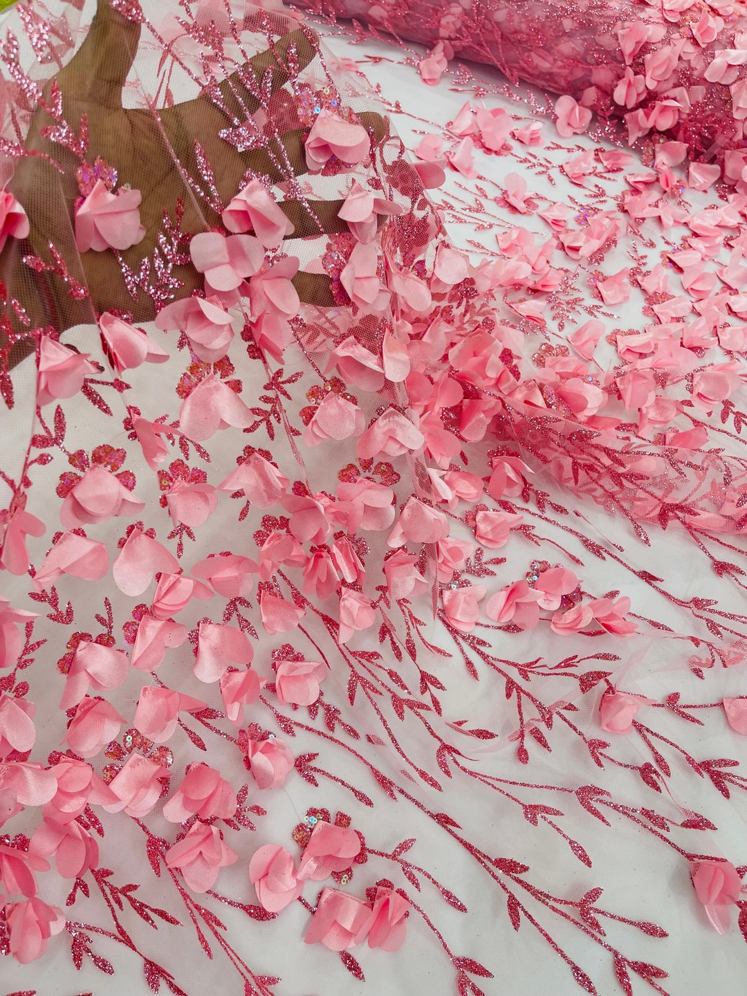 Candy Pink 3D Flower Glitter Sequin Fabric by the Yard, Pink 3D Floral ...
