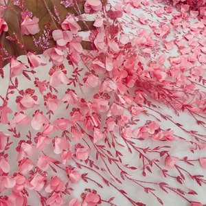 Candy Pink 3D Flower Glitter Sequin Fabric by the Yard, Pink 3D Floral ...