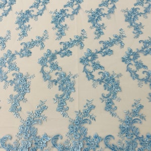 Baby Blue Floral Lace Fabric, by the yard - Embroidery With Sequins on a Mesh Lace Fabric For Gown, Wedding-Bridal