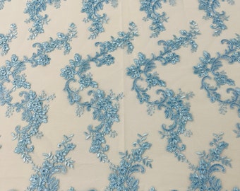 Baby Blue Floral Sequined Lace Fabric, Bridal Gown Mesh, by the Yard
