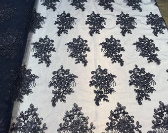 Navy Blue Floral Lace Fabric: Embroidered Sequins Mesh, Sold By The Yard