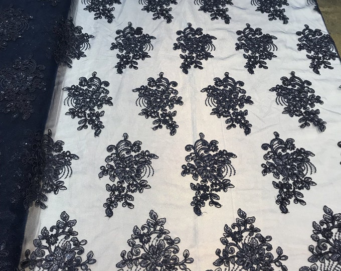 Flower Lace Fabric - Navy Blue Floral Clusters Embroidered Lace Mesh Fabric Sold By The Yard
