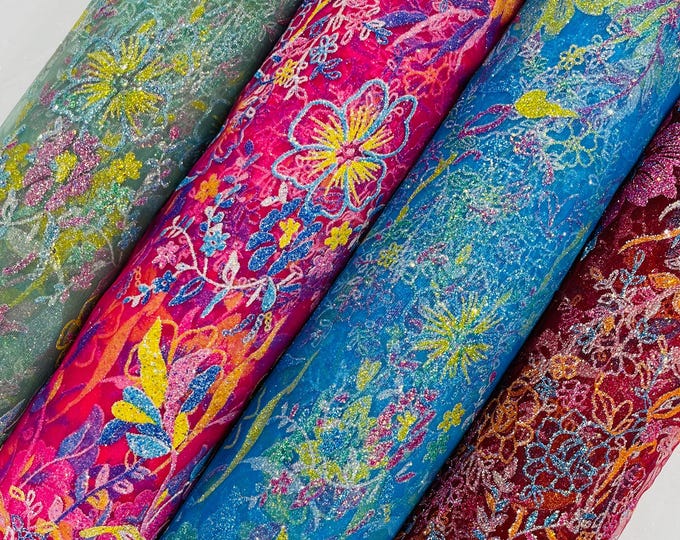 Mesh Glitter Lace Fabric, Multi Color Floral Design, For Wedding Decor Bridal/Prom