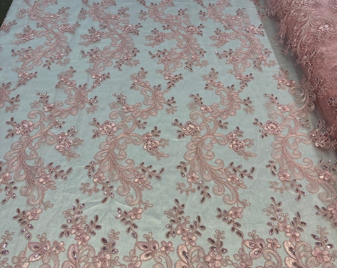 Pink Floral Lace Fabric, Embroidery With Sequins on a Mesh Lace Fabric By The Yard For Gown, Wedding-Bridal (Choose The Quantity)