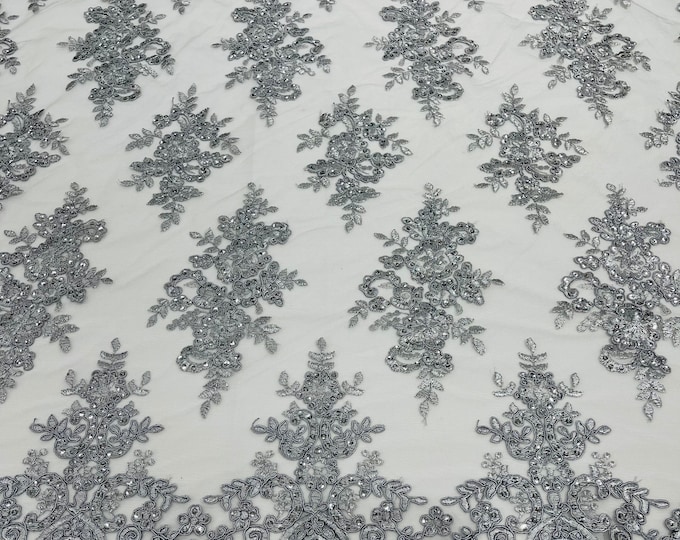 Silver Floral Lace Fabric - by yard - Embroidery With Sequins on a Mesh Corded Lace Fabric, For Gown - Wedding - Bridal