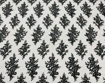 Black Lace Fabric, Corded Flower Embroidery With Sequins on a Mesh Lace Fabric By The Yard For Gown, Wedding-Bridal-Dress