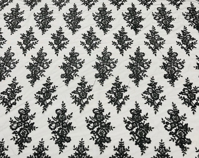 Black Lace Fabric, Corded Flower Embroidery With Sequins on a Mesh Lace Fabric By The Yard For Gown, Wedding-Bridal-Dress