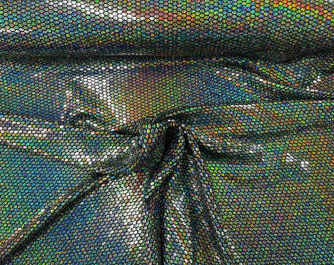 Honeycomb Foil Fabric - Holographic Silver - Hexagon Print On Black Spandex Fabric By The yard, (Choose The Size)