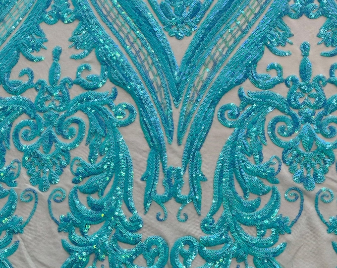 Mint Iridescent Sequins  - 4 Way Stretch Fancy Big Damask Design Sequins on Spandex Mesh Prom Gala Gown Fabric By The Yard