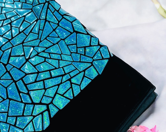 Turquoise Holographic Mirror Sequin Fabric, 2 way Stretch Velvet Sequin Fabric by the Yard, Geometric Sequin on Black Stretch Velvet Prom
