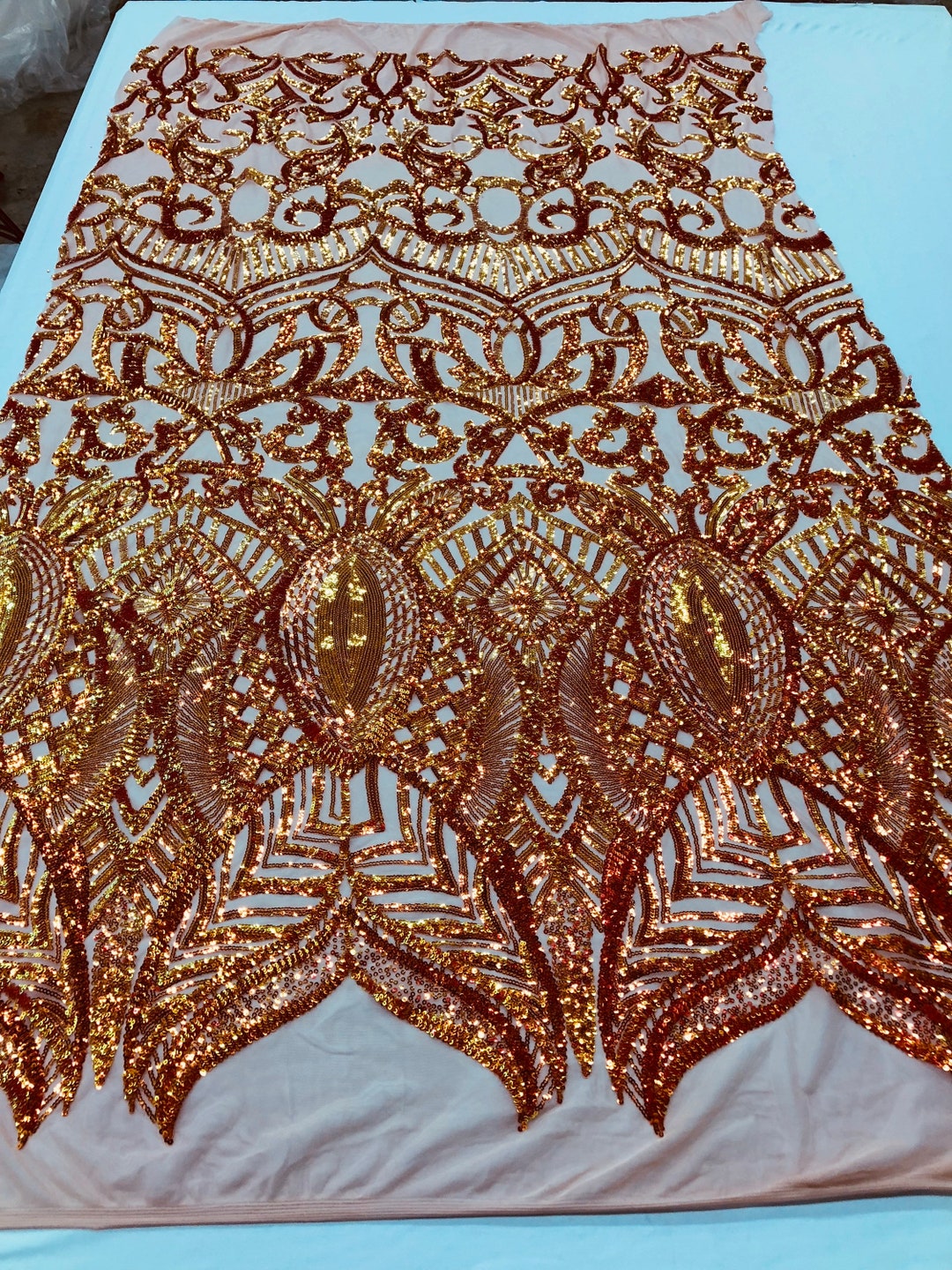 Iridescent Orange Sequin Fabric, Royalty Design Embroidered With Sequin