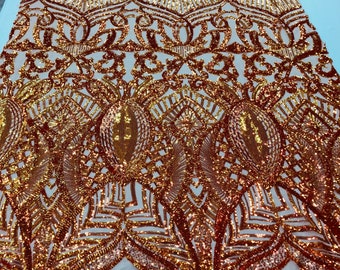 Iridescent Orange Sequin Fabric: Royalty Embroidered Mesh, 4-Way Stretch - By The Yard