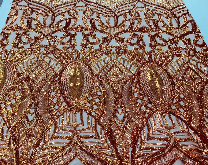 Iridescent Orange Sequin Fabric, Royalty Design Embroidered With Sequin on a 4 Way Stretch Sequin Fabric Mesh-Prom-Gown By The Yard