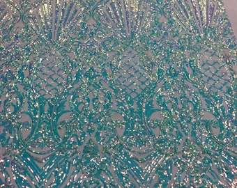 Iridescent Sequin Fabric – Damask Design, White Mesh, 4-Way Stretch