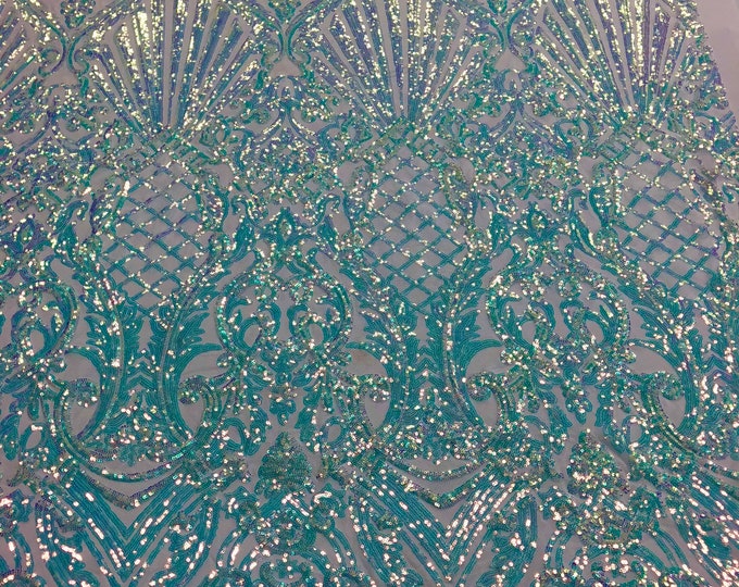 NEW Clear Iridescent Sequin - by the yard - on White Mesh Damask Design on a 4Way Stretch Sequins Fabric